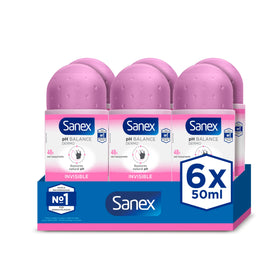 Sanex deodorant roll-on six-pack bottles show odor control with an invisible finish.