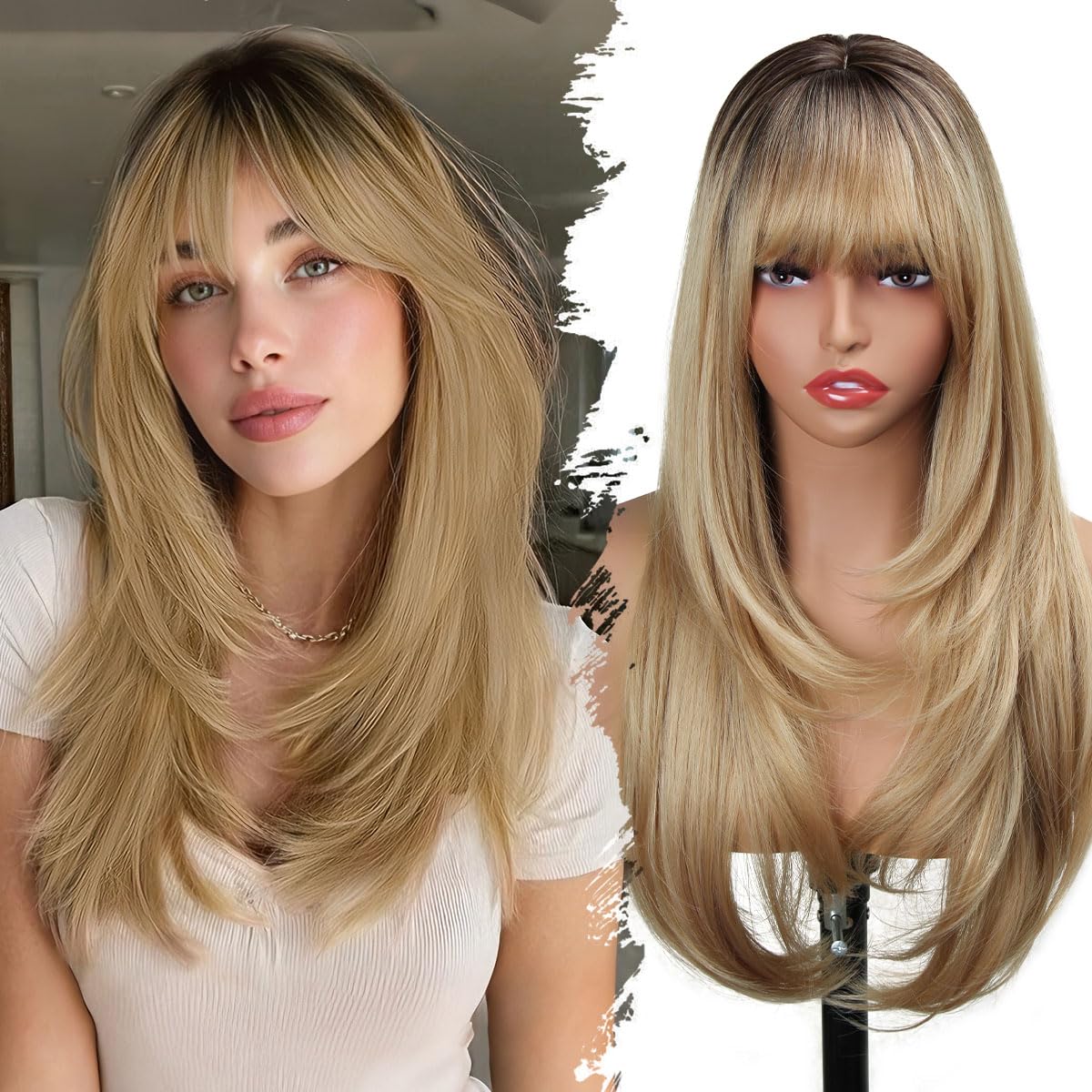 Sangtok blonde wig with bangs in ombre, 26-inch length for natural daily wear.