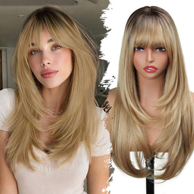 Sangtok blonde wig with bangs in ombre, 26-inch length for natural daily wear.
