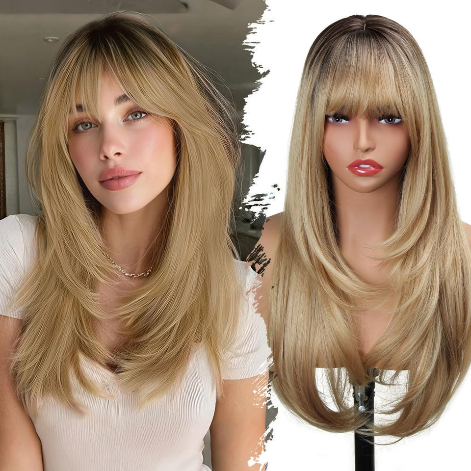 Sangtok blonde wig with bangs in ombre, 26-inch length for natural daily wear.
