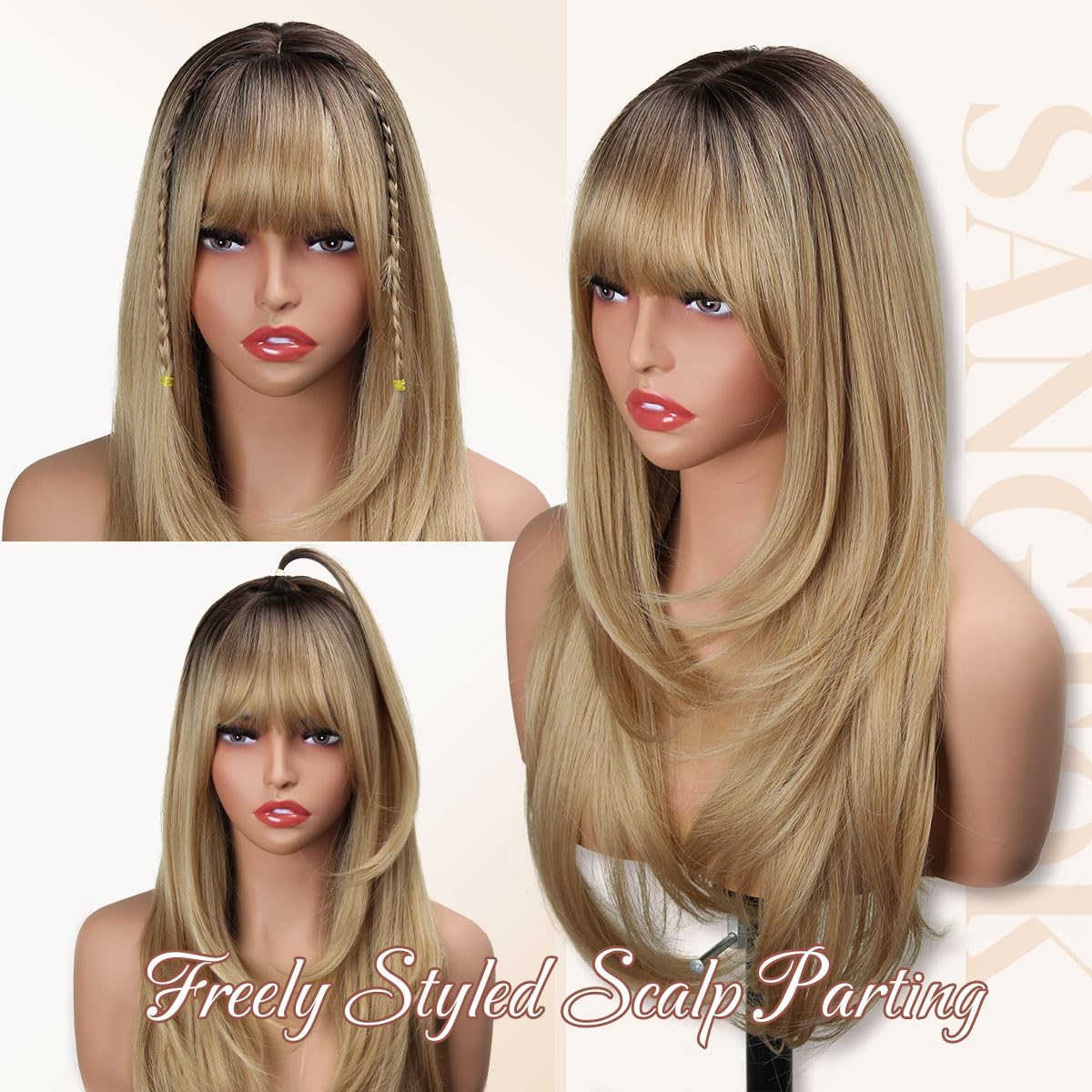 Sangtok wig with free parting supports versatile styling.