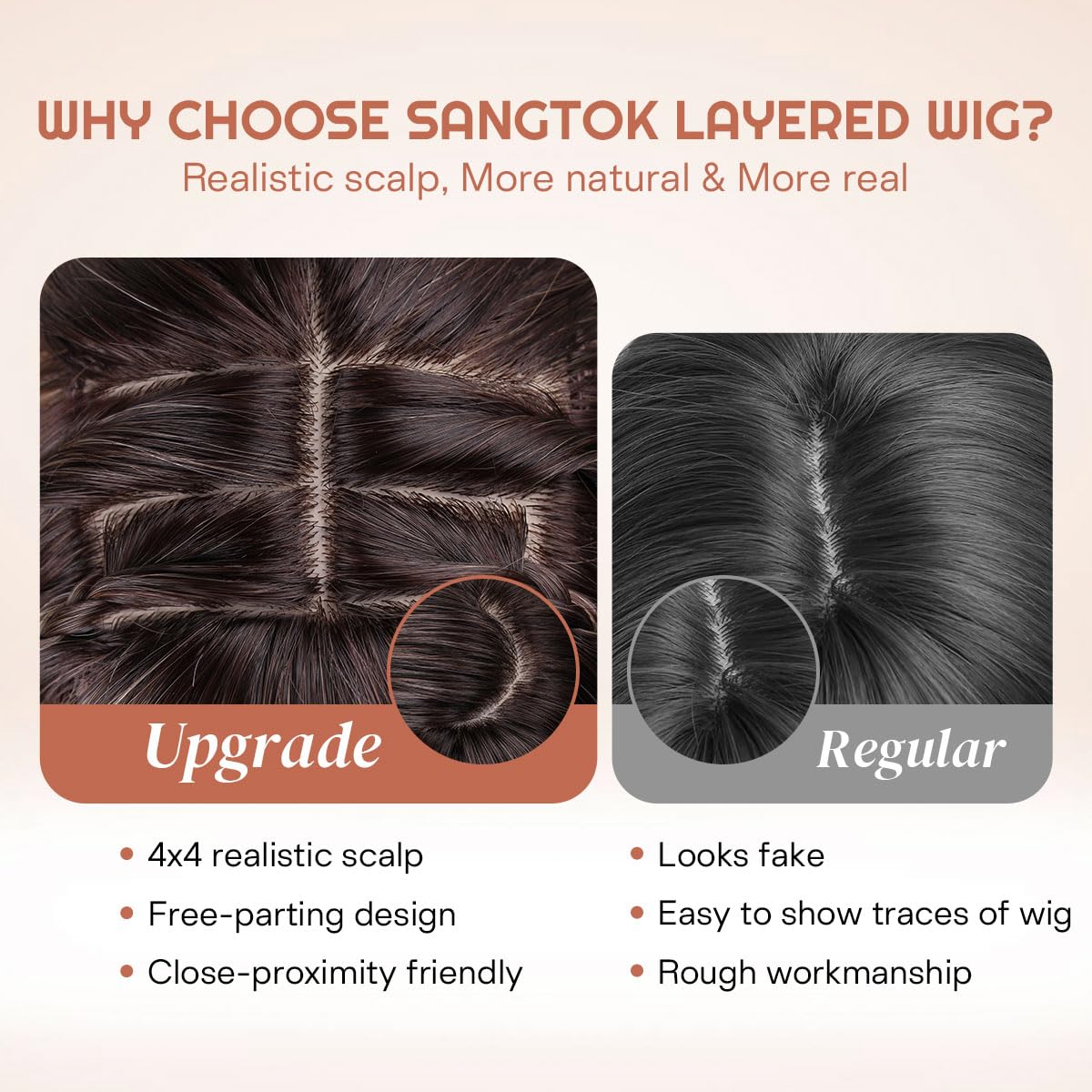 Sangtok wig with realistic scalp detail blends with your hair for a seamless look.