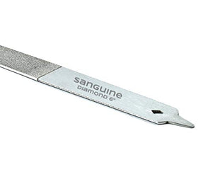Sanguine 6-inch Diamond Nail File back view shows durable, double-sided grit on thick nails