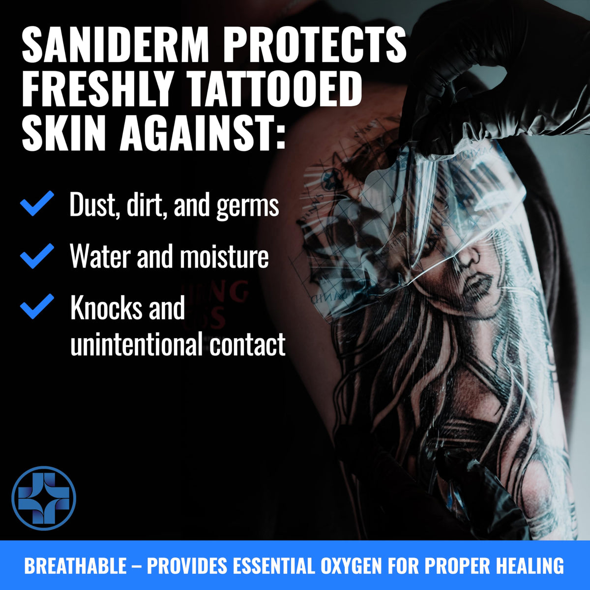 Saniderm bandage applied to a fresh tattoo showing full coverage.