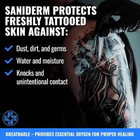 Saniderm bandage applied to a fresh tattoo showing full coverage.