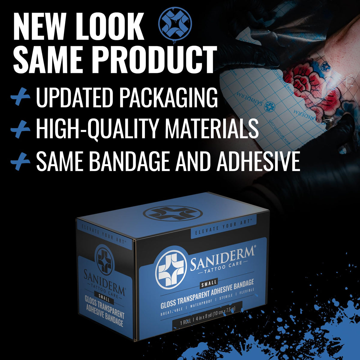 Saniderm bandage shown in sealed sterile packaging for clean healing.