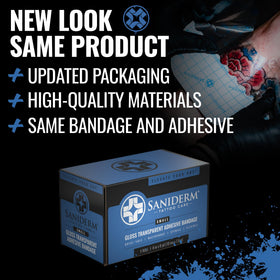 Saniderm bandage shown in sealed sterile packaging for clean healing.