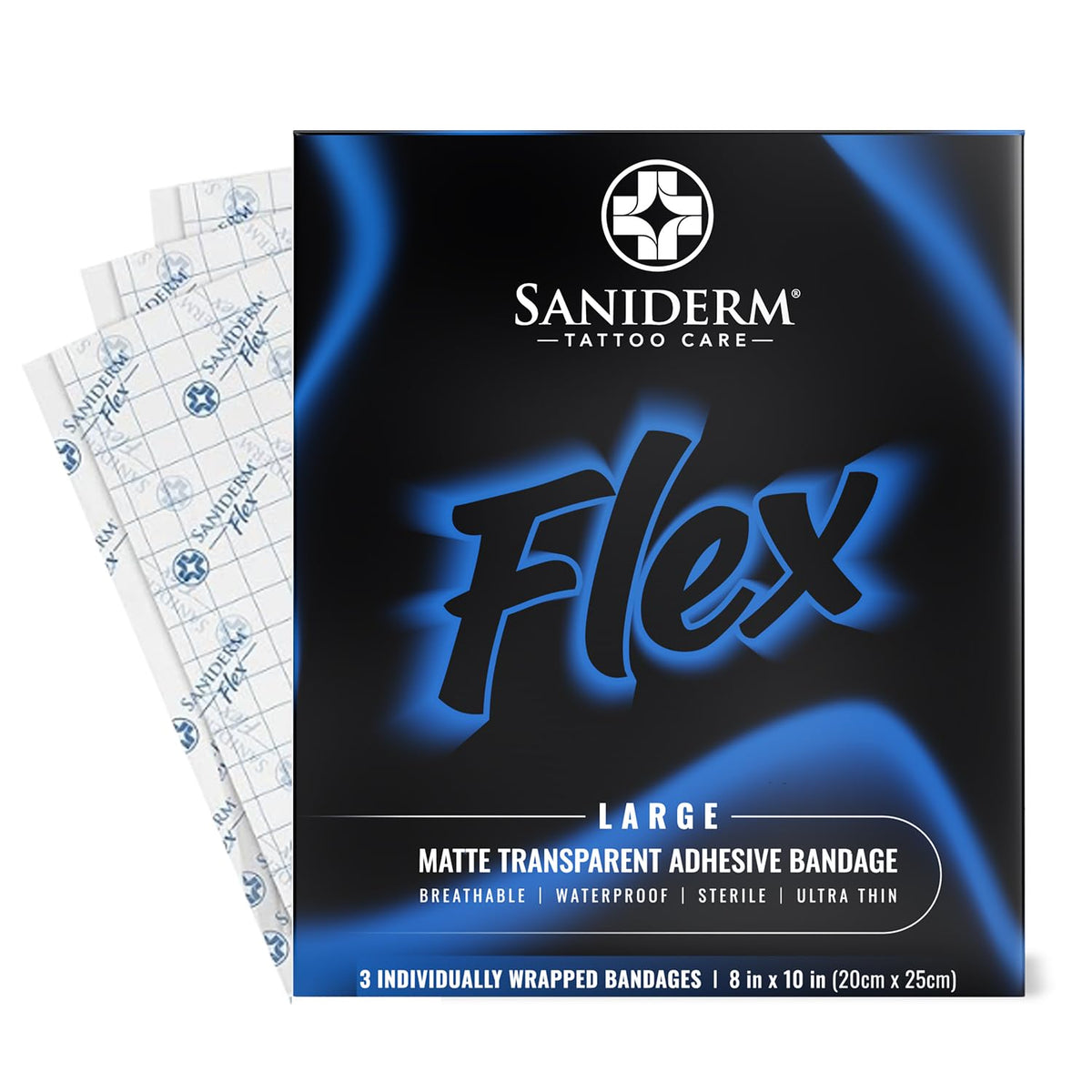 Saniderm Flex adhesive bandage close-up showing strong adhesion for protected healing.