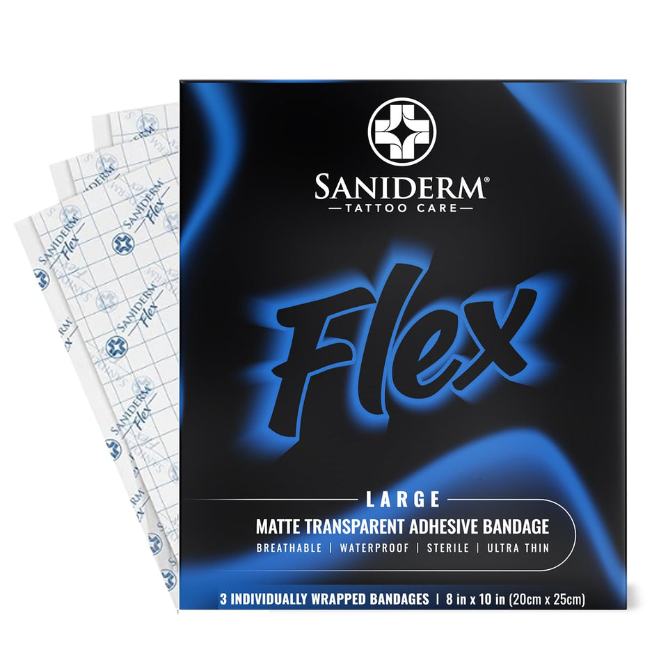 Saniderm Flex adhesive bandage close-up showing strong adhesion for protected healing.