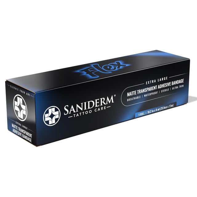 Saniderm Flex roll packaging shows sterile, ready-to-use tattoo protection.