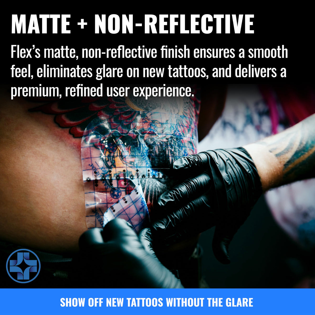 Saniderm Flex waterproof shield protects tattoo during showers.