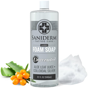 Saniderm Foaming Tattoo Soap 32oz bottle for convenient aftercare cleansing