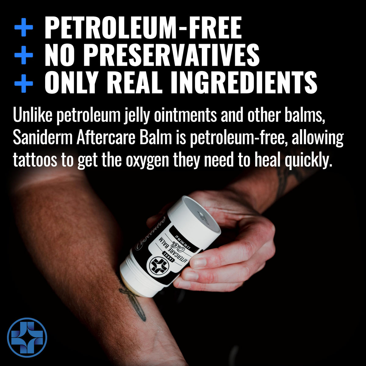 Front view of Saniderm balm label highlighting USA-made and fragrance-free formula