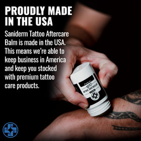 Eco-friendly packaging of Saniderm balm with recycling symbols