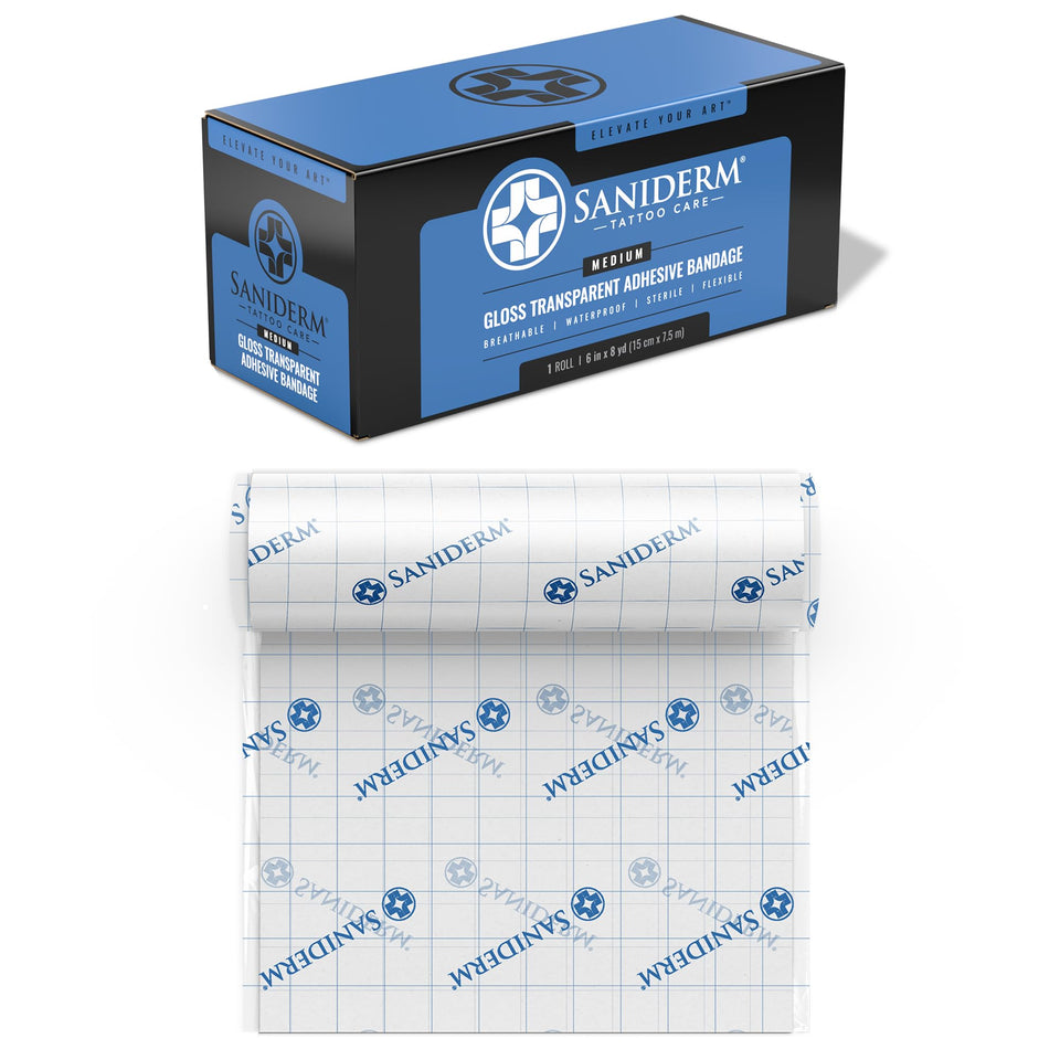 Saniderm Original packaging shows sterile, ready-to-use tattoo aftercare protection.