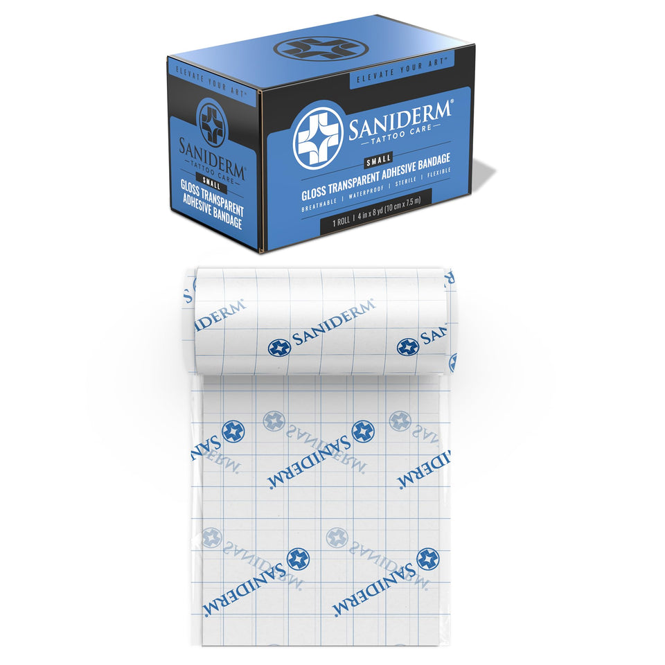 Saniderm Original tattoo aftercare bandage in small roll ready for use, clean and protective.