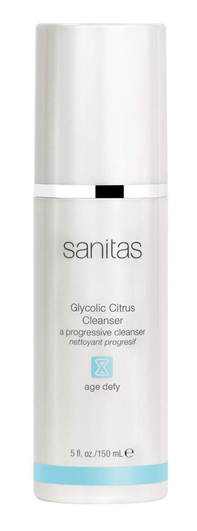 Sanitas Glycolic Citrus Cleanser bottle showing bright citrus formula for smoother skin