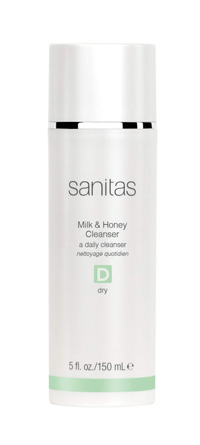 Sanitas Milk and Honey Cleanser bottle pours, showcasing rich hydrating cleanser action