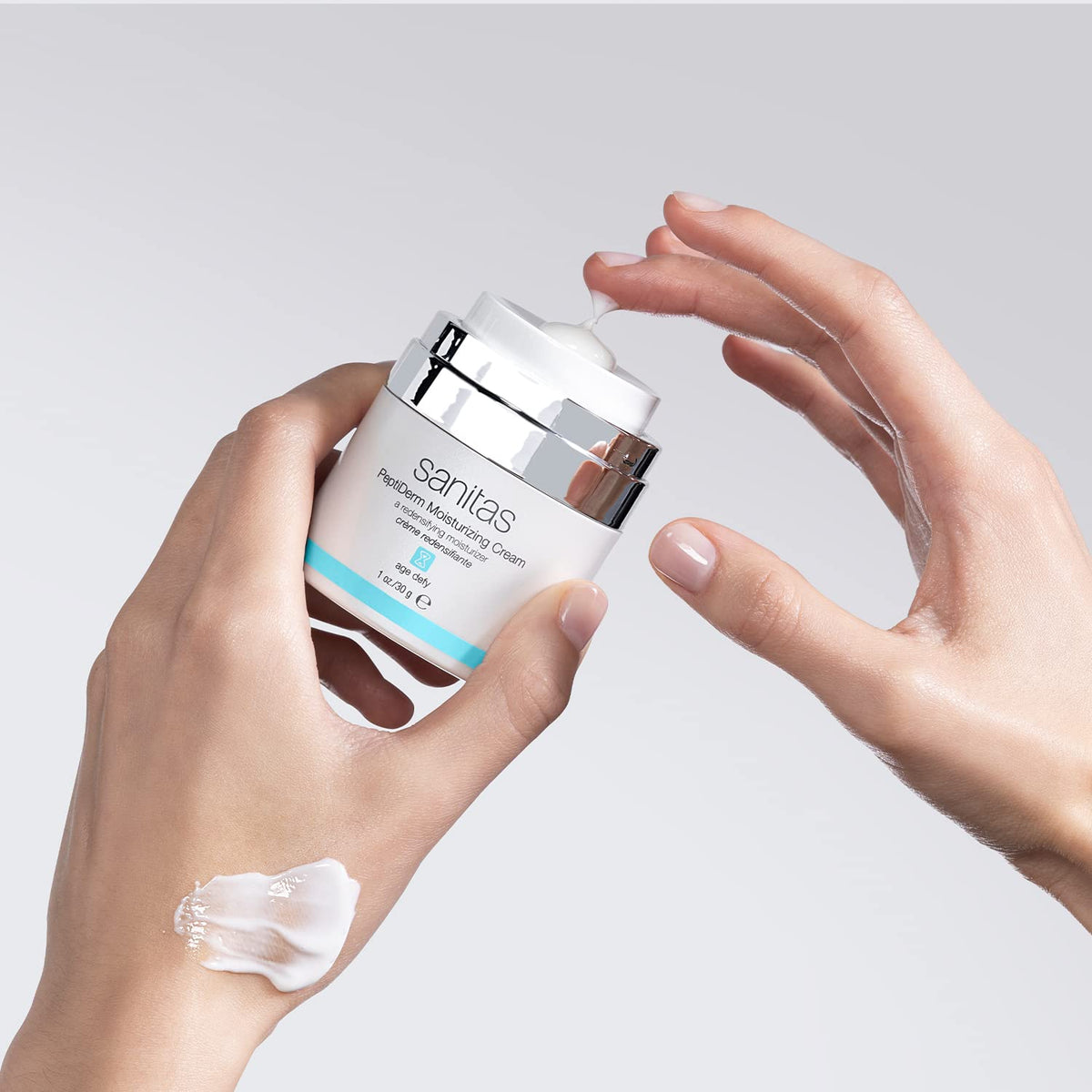 Sanitas PeptiDerm ceramides and hyaluronic acid blend on bottle promises hydration.