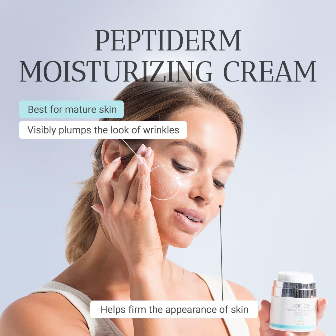 Sanitas PeptiDerm cream texture closeup shows smooth, luxurious formula.