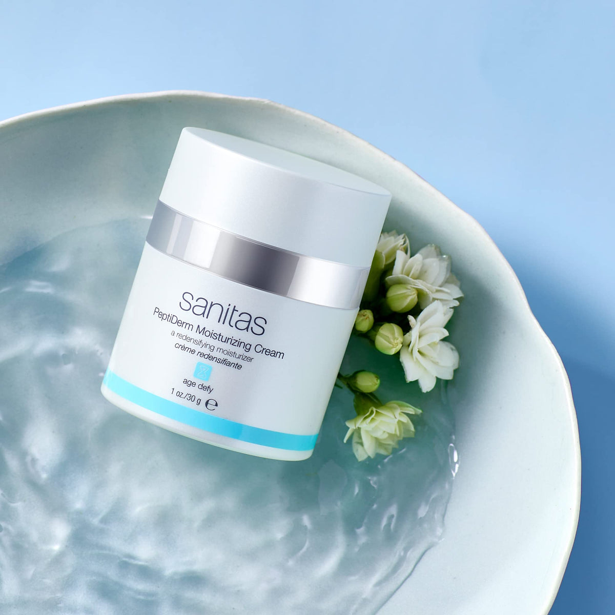 Sanitas PeptiDerm peptide complex label hints at smoothing and brightening.