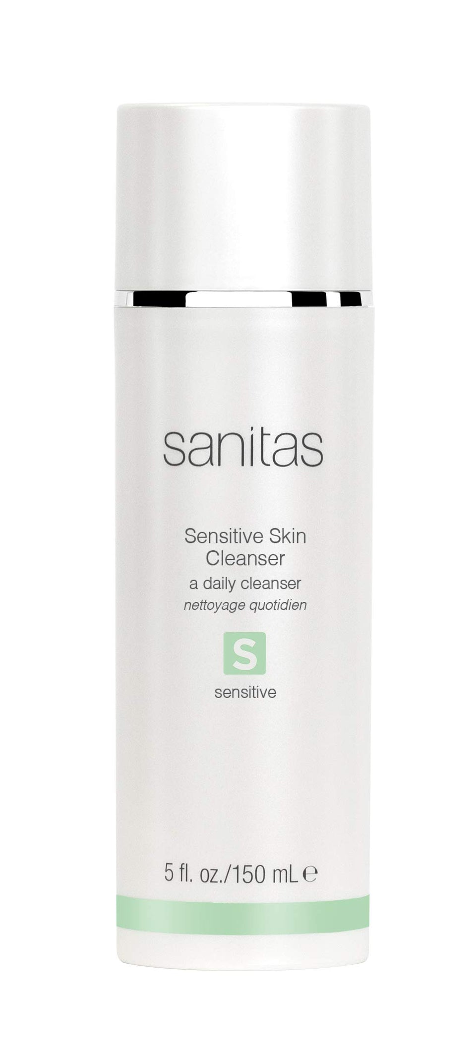 Sanitas Sensitive Skin Cleanser in pump bottle for ultra-mild cleansing.