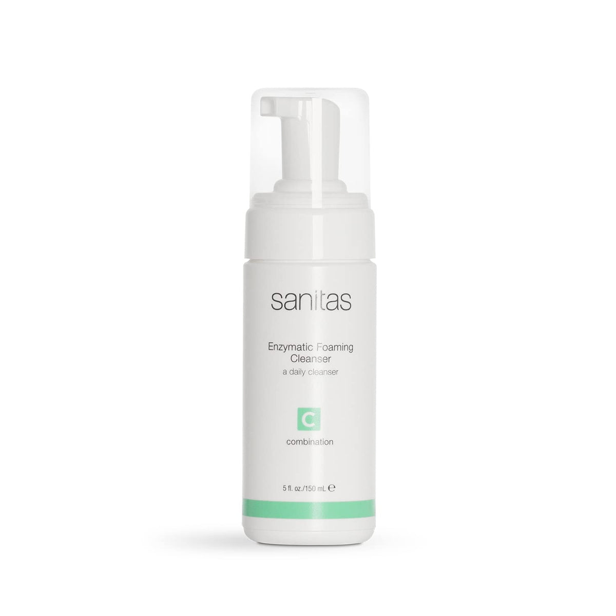 Sanitas Enzymatic Cleanser bottle pump showing easy daily cleansing for clear pores