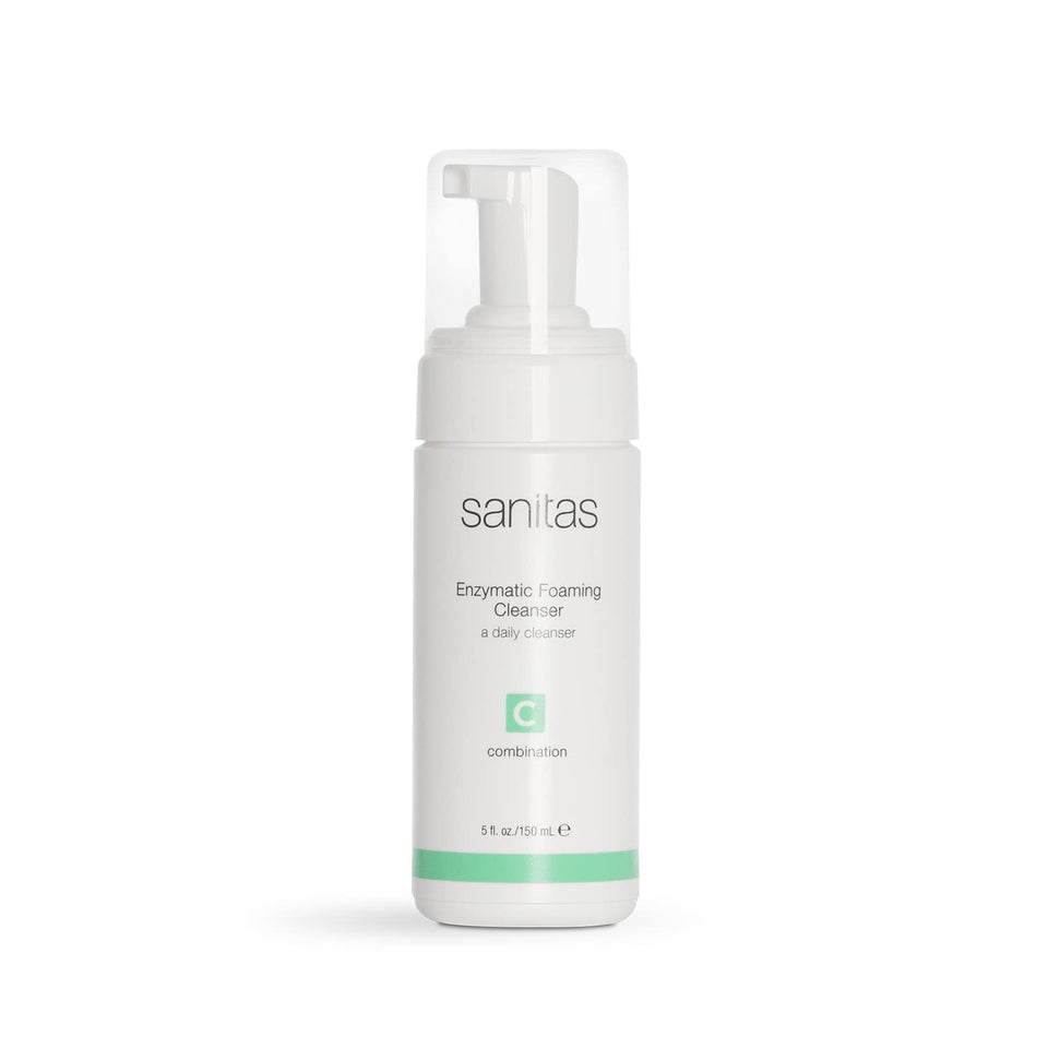 Sanitas Enzymatic Cleanser bottle pump showing easy daily cleansing for clear pores