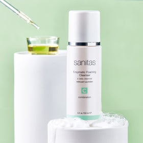 Sanitas Enzymatic Cleanser foamy lather demonstrates gentle exfoliation during routine cleansing