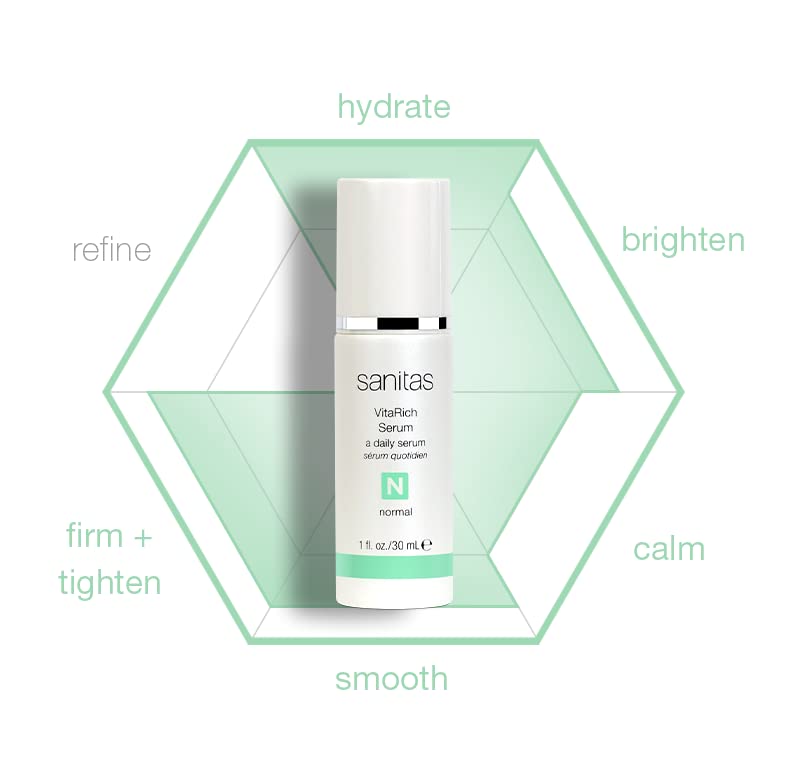 Sanitas VitaRich Serum packaging and cruelty-free badge signals ethical production practices.