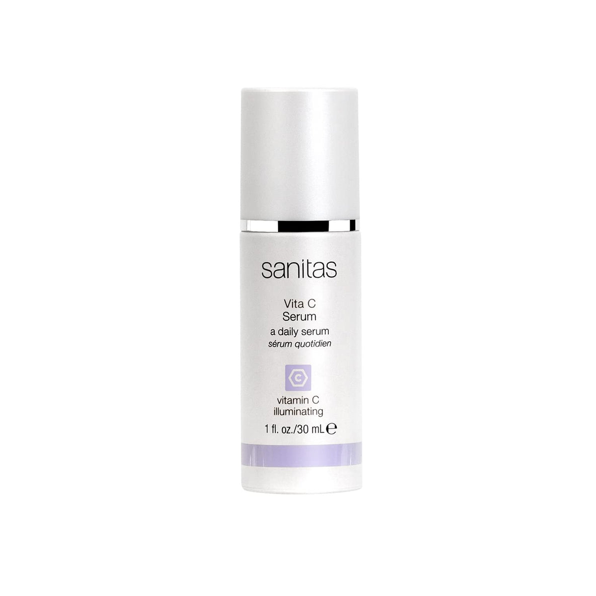 Sanitas Vita C Serum bottle with pump, hydration and brightness potential.