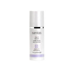 Sanitas Vita C Serum bottle with pump, hydration and brightness potential.
