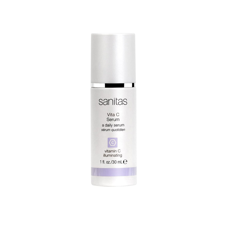 Sanitas Vita C Serum bottle with pump, hydration and brightness potential.