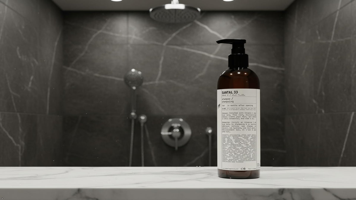 Santal 33 shampoo foamy lather demonstrates gentle cleansing action.