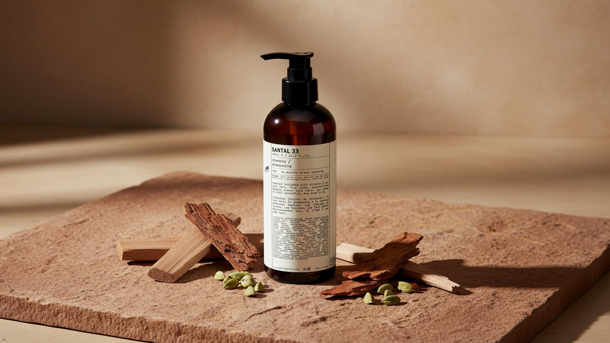 Santal 33 shampoo bottle evokes hotel-spa elegance in bathroom.