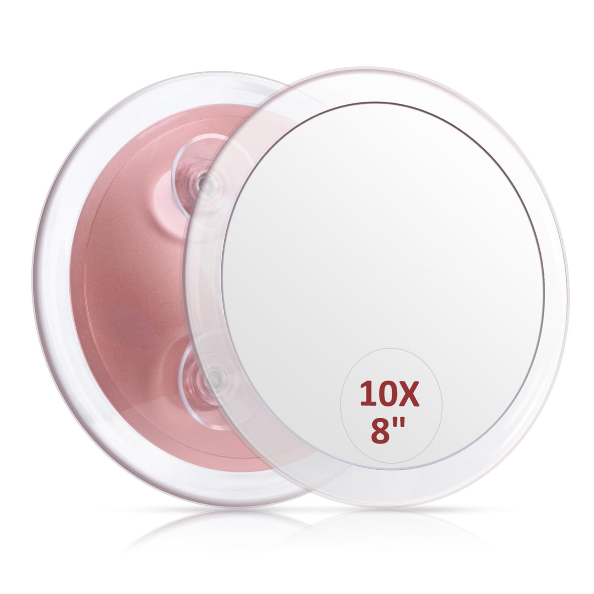 SANTOO large 8-inch round magnifying mirror with suction cups for secure bathroom mounting.