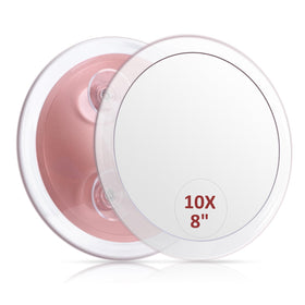 SANTOO large 8-inch round magnifying mirror with suction cups for secure bathroom mounting.