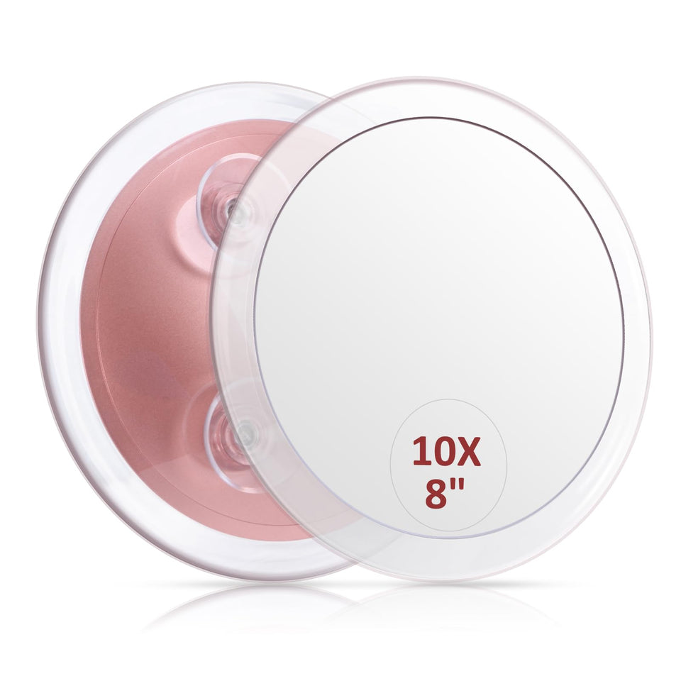 SANTOO large 8-inch round magnifying mirror with suction cups for secure bathroom mounting.