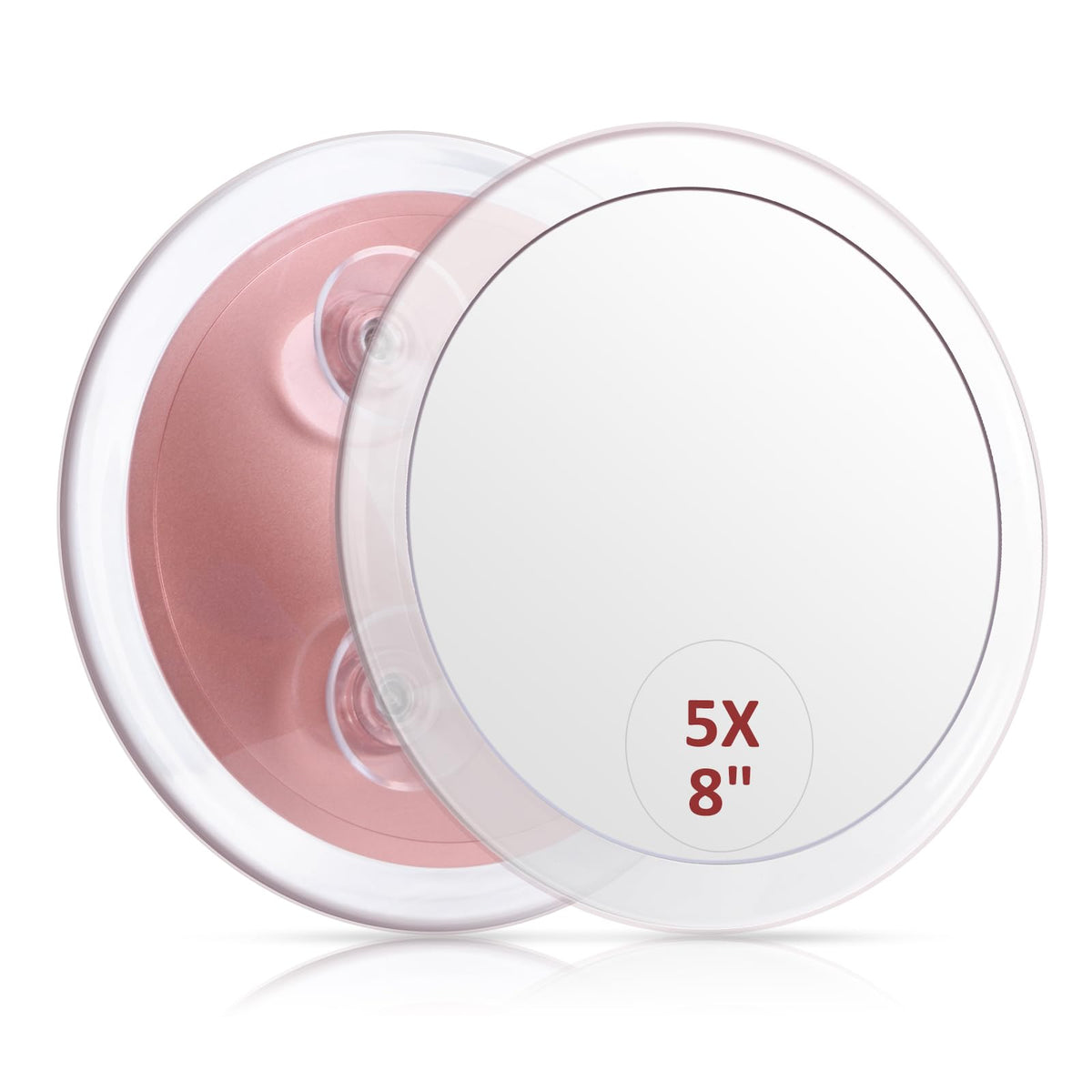 SANTOO large 8-inch round magnifying mirror with clear 5x magnification for precise makeup.