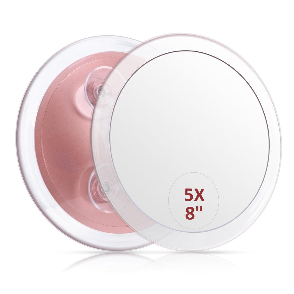 SANTOO large 8-inch round magnifying mirror with clear 5x magnification for precise makeup.