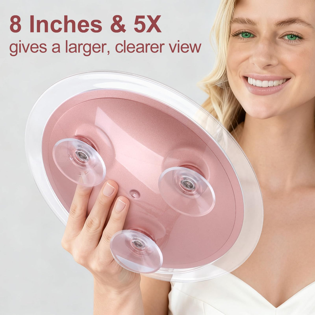 SANTOO magnifying mirror with three suction cups secures firmly to smooth surfaces.