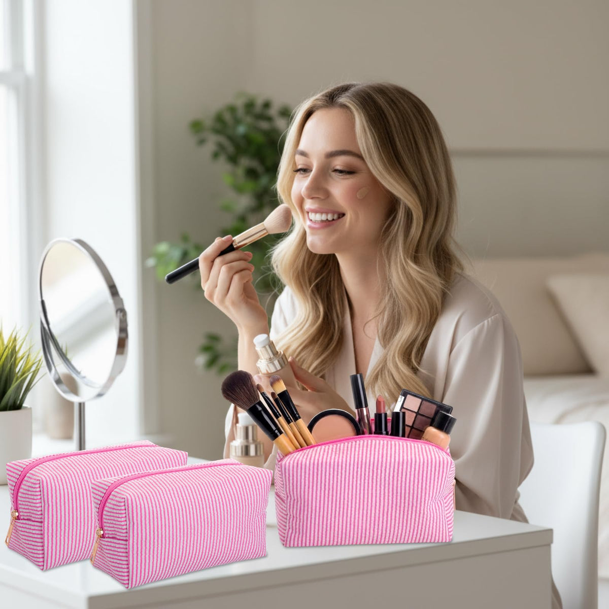 Sanwuta durable zipper makeup bag in pink, keeps items secure and organized.