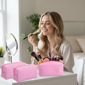 Sanwuta durable zipper makeup bag in pink, keeps items secure and organized.