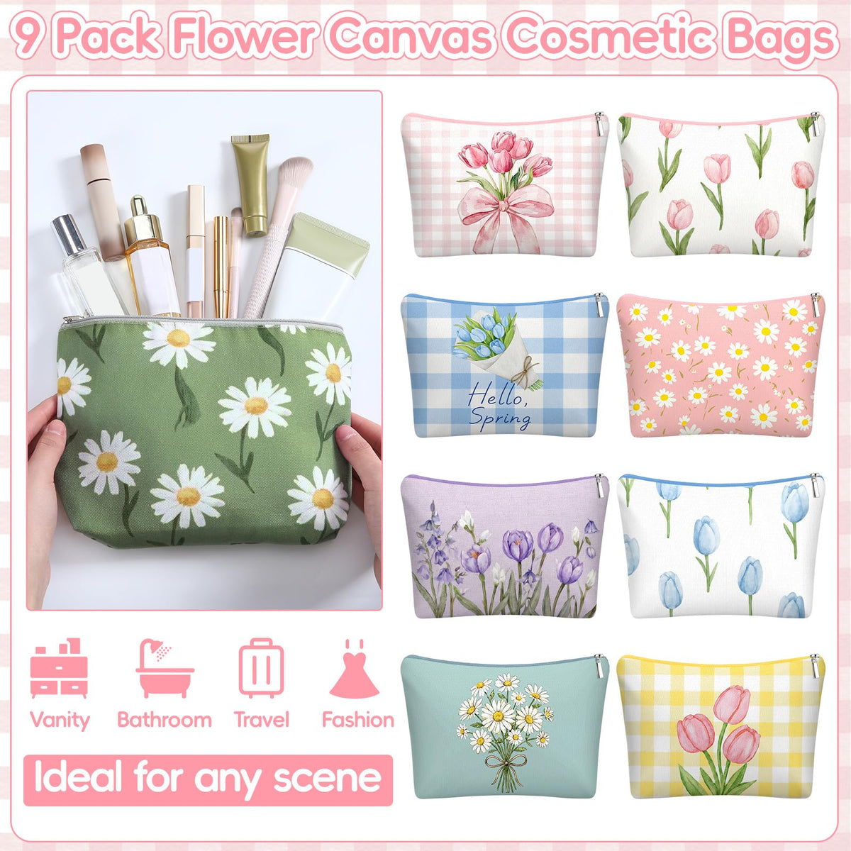 Sanwuta tulip design makeup bag with zipper for travel storage.