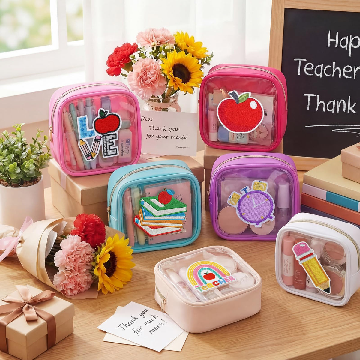 Sanwuta PVC makeup pouches for women make thoughtful teacher gift sets.