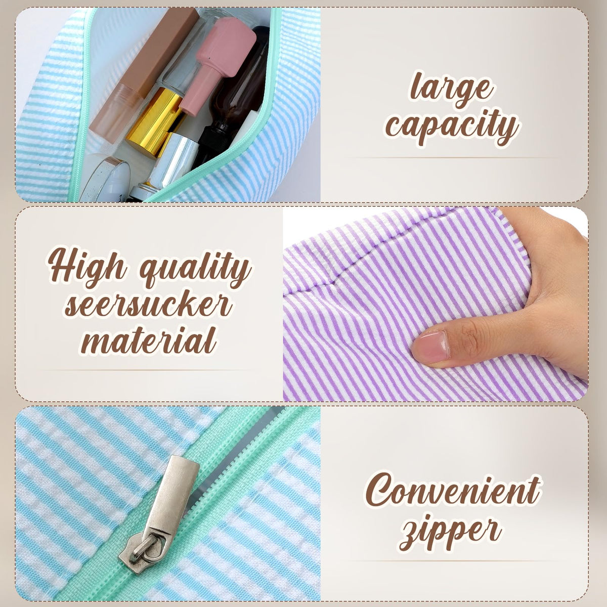 Sanwuta seersucker cosmetic bag with metal zipper; secure storage on the go