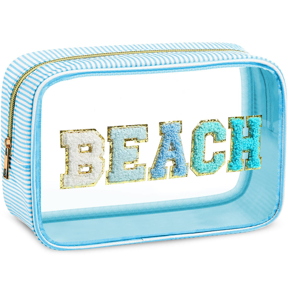 Sanwuta seersucker beach bag showing large capacity for cosmetics and travel gear