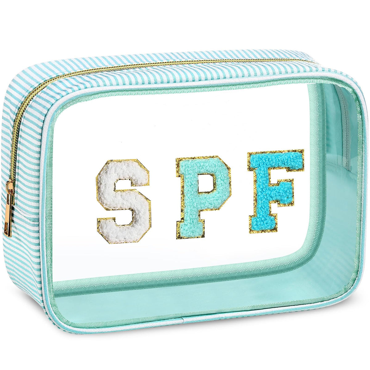 Sanwuta seersucker clear makeup bag in mint green showing spacious interior and visibility