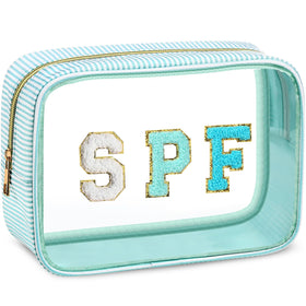 Sanwuta seersucker clear makeup bag in mint green showing spacious interior and visibility