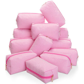Sanwuta seersucker cosmetic bag set in pink, 12-piece bulk pack for elegant travel organization.